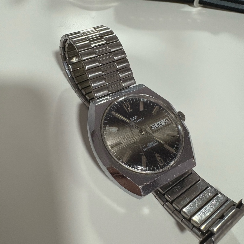 Silver Waltham Watch with Black Dial